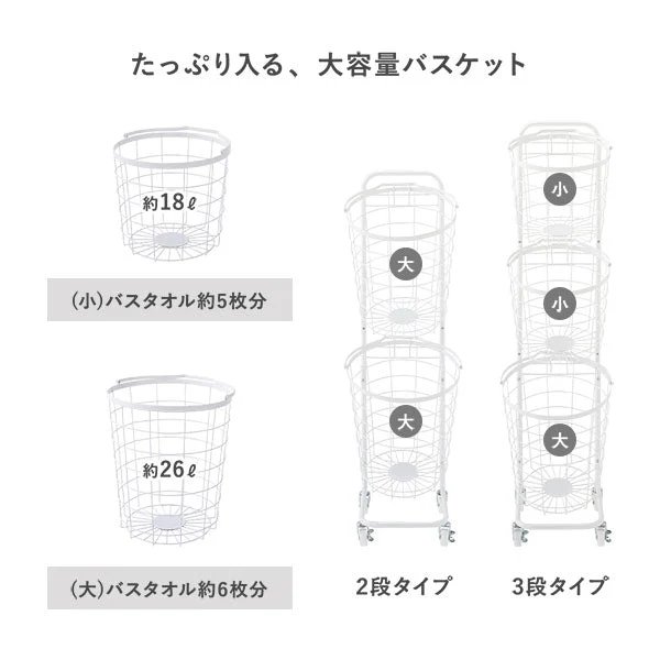 ランドリーバスケット ワゴン ラウンドタイプ 3段 スモーキーピンク - Image 7