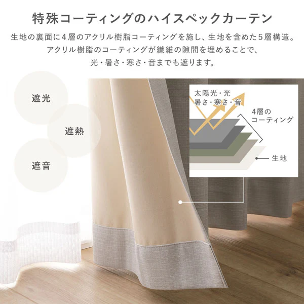 【4枚セット】日本製 遮光率100% 遮熱・遮音に優れた1級遮光カーテン ドレープ幅100cm×2枚+レース幅100cm×2枚 オリーブブラウン - Image 11